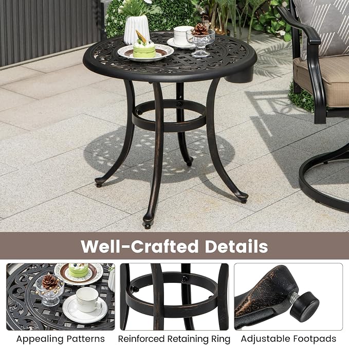 HAPPYGRILL Outdoor Aluminum Side Table, Patio Coffee Table with Adjustable Footpads, Heavy-Duty Small End Table, Lightweight Round Patio Table for Backyard, Porch, Poolside