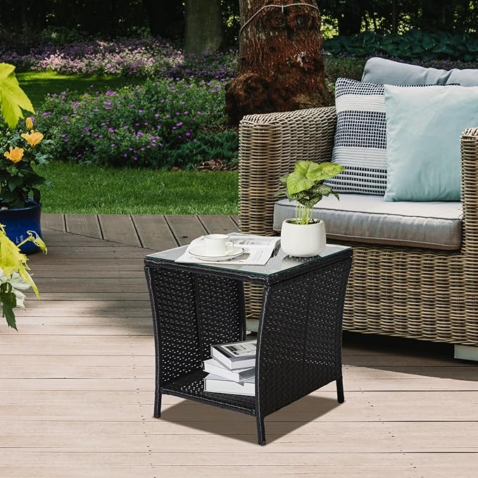 Bonnlo Outdoor Coffee Table, Small Garden Side Table with Glass Top and Shelf Underneath, Outside Patio Balcony, 46x46x50cm Black
