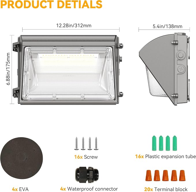 LED Wall Pack Light 60W 4 Pack with Dusk to Dawn Photocell, 5000K Daylight Wall Pack Led Exterior Light Repalces 600W HPS/HID Light, IP65 Waterproof for Stadium, Yard, Buildings, Parking Lots | 100-277V, 0-10V Dimming, 5000K, IP65 Outdoor Wall Light Fi...