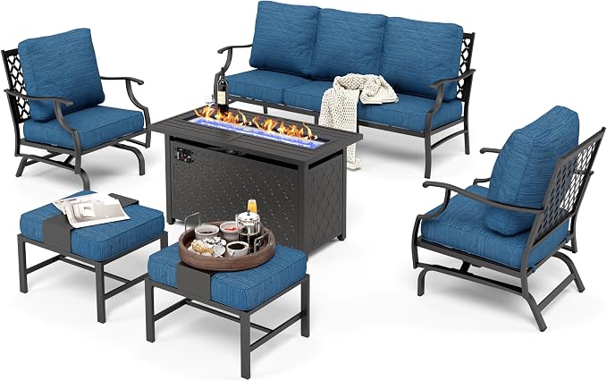HERA'S HOUSE 6 Pieces Patio Furniture Set with Fire Pit Table, 2 x Rocking Chair, 2 x Ottoman, 3-Seat Sofa with 45" Fire Pit Table, Outdoor Conversation Set for Garden Poolside Backyard, Pacific Blue