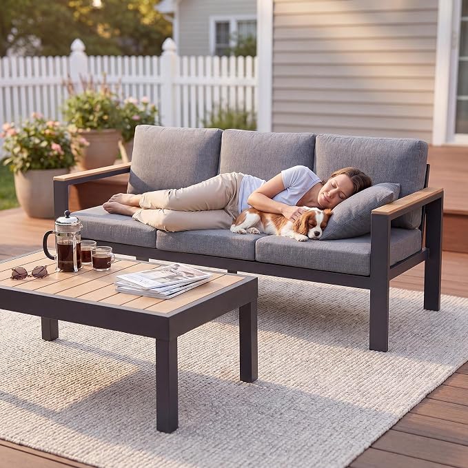 Aluminum Patio Furniture Set,Outdoor Sectional Sofa Set with Powder-Coated Frame, Weather Resistant Patio Conversation Set with Coffee Table, Removable Washable Cushions for Backyard Balcony Porch