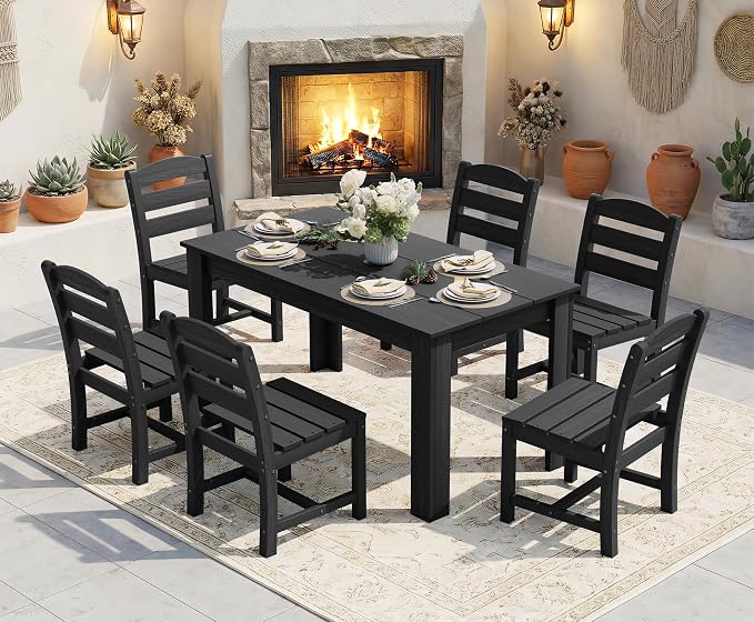SERWALL 59" HDPE Outdoor Dining Set for 10, w/ 2 Tables & 10 Chairs, Black