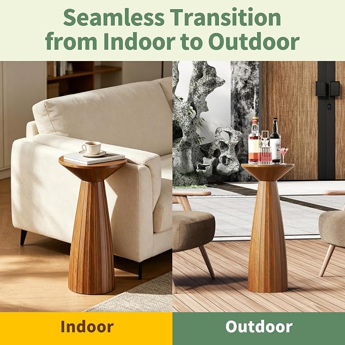 Modern Patio Side Table, Mid-Century Metal Outdoor End Table, Pedestal Round Accent Table for Poolside, Balcony & Living Room, Weather Resistant, No Assembly Required, Brown