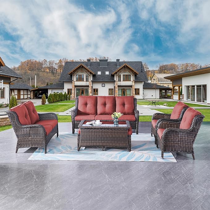 Outdoor Patio Furniture Sofa Set - 7 Piece Rattan Wicker Patio Sectional Conversation Sets with 1 Sofa,1 Loveseat,1 Coffee Table,2 Armrest Chairs and 2 Ottomans for Porch Deck Garden(Brown/Red)