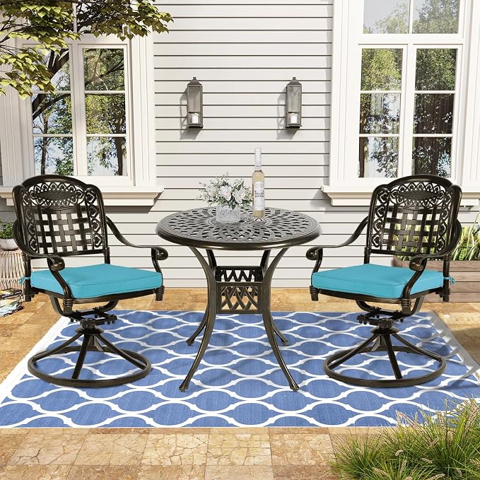 VIVIJASON 3-Piece Patio Bistro Set, Outdoor All-Weather Cast Aluminum Furniture Dining Set, Include 2 Swivel Chairs and 31" Round Table w/Umbrella Hole for Balcony, Lawn, Garden (Ocean Blue Cushion)