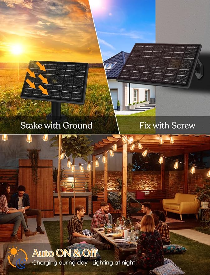 150ft Solar Outdoor String Lights with Remote - USB Rechargeable Solar Powered Outdoor Patio Lights - Timer, Dimmable Shatterproof ST38 Bulbs for Backyard, Garden, Pool