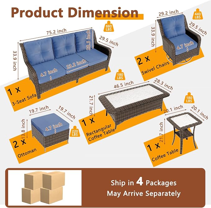 Gotland 7-Pcs Patio Conversation Set, Outdoor Thick Wicker Sectional Sofas with 2 Swivel Rocker Chairs, High Back Sectional Couch, Outdoor Furniture Set for Backyard, Deck, Porch, Navy Blue