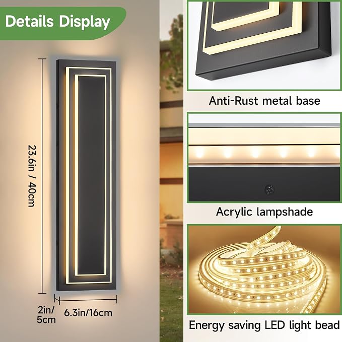 24 in Modern Outdoor Wall Light,2-Tier Exterior Lighting Fixtures | Black Outdoor Front Porch Light,Outside Light Fixtures For House,Garage,Patio,Waterproof,36W 3000K Warm White, 1 Pack