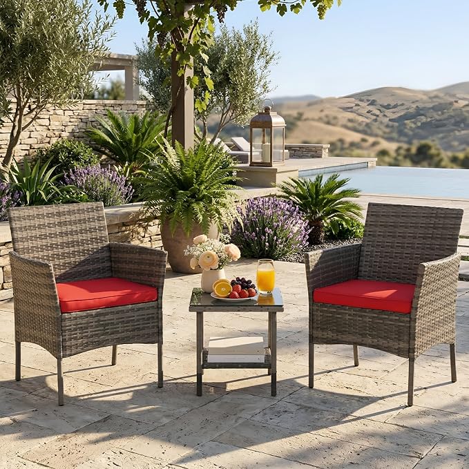 3 Pieces Patio Furniture Outdoor Bistro Set Outdoor&Indoor Conversation Set Coffee Table Chairs Set for 2 with Water-Resistant Cushions for Lawn Yard Garden Porch Balcony and Pool,Grey and Red