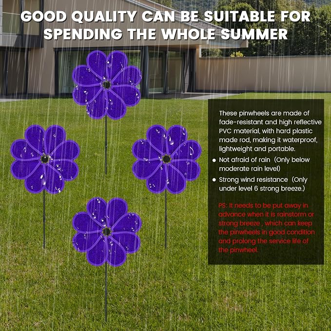 4PCS 11.4" W x 28" H Reflective Pinwheels Sparkly Lawn Wind Spinners Colorful Rainbow Windmill for Garden Decoration Bird Devices Deterrent to Scare Birds Away(Purple)