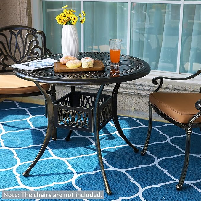 MEETWARM 35.4" Round Patio Dinning Table, Outdoor Cast Aluminum Dinning Table with 2" Umbrella Hole, Dark Bronze