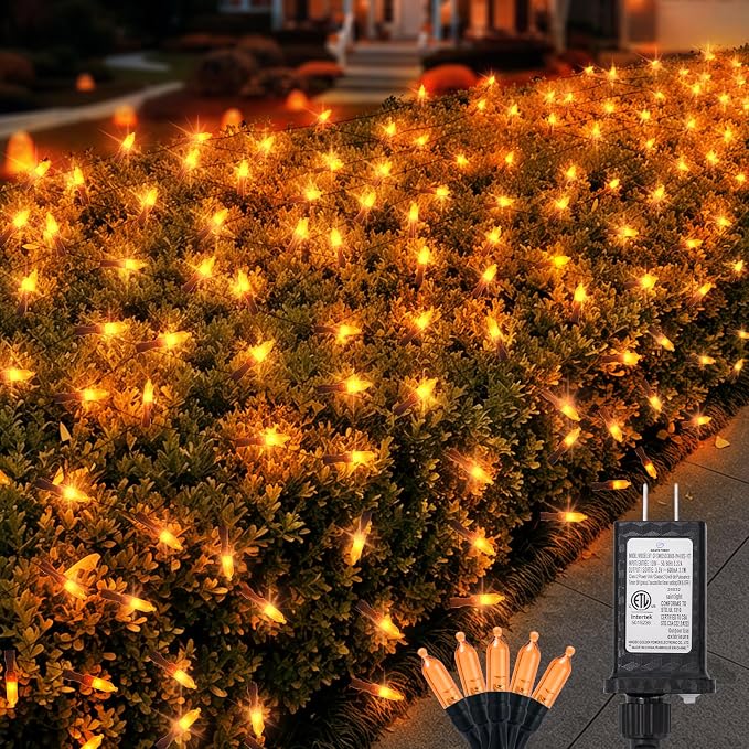 120LED Halloween Net Lights Outdoor, 5ft x 6ft Connectable Mesh Lights, 8 Modes 3.5V Low Voltage Waterproof Bush Lights for Trees, Bushes, Wedding, Party Decor (Orange, 1Pack)