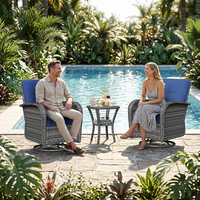Aoxun 3 Piece Outdoor Patio Furniture Set with Side Table, Outdoor Patio Furniture Sets with High Back Swivel Rocker Chairs, Outdoor Sofa Set with Ottoman for Backyard & Garden, Navy Blue