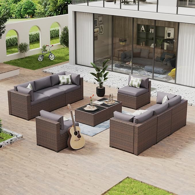 Aoxun 10 Piece Patio Furniture Set Wicker Rattan Patio Conversation Set Outdoor Sectional Sofa Set with Coffee Table and Thickened Cushions, Gray