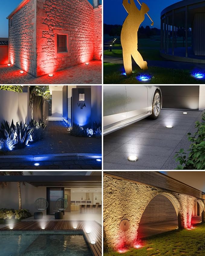 btfarm 24 Pack Solar Lights Outdoor, 8 LED Solar Ground Lights IP65 Waterproof Flat Solar Disc Light, Pathway Lights for Garden Lawn Yard Christmas Decorations, Red+Blue+Cool White