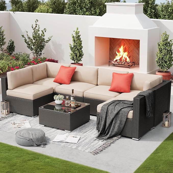 Betterland 7 Piece Outdoor Sectional Sofa Set Patio Furniture Set, All-Weather PE Black Wicker Patio Conversation Set with Washable Cushion and Glass Table(Brown Cushions)