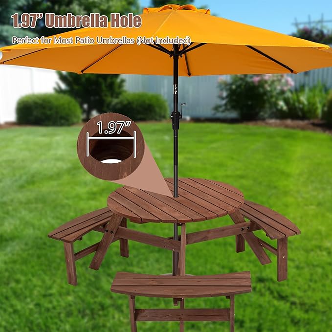 6 Person Outdoor Circular Round Wooden Picnic Table Built-in Benches for Patio Backyard Garden with Umbrella Hole Brown Color (Medium(6-Person))