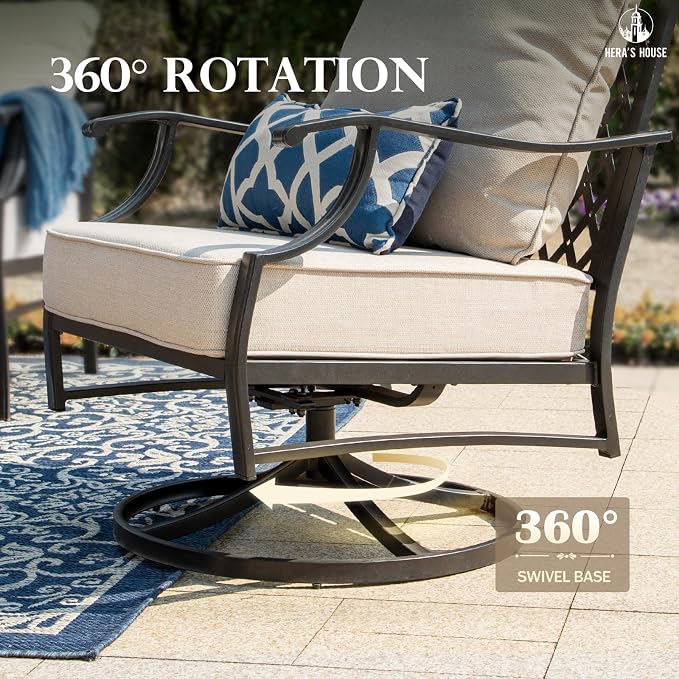 HERA'S HOUSE 5 Piece Patio Furniture Set, 2 x Swivel Chair, 2 x Ottoman, 1 x 3-Seat Sofa, All Cushioned 7 Seats Outdoor Conversation Set for Lawn Garden Backyard