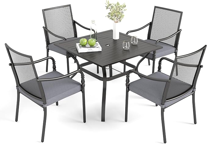 MIXPATIO 5 Piece Patio Metal Dining Set, Outdoor Table and Chairs for 4, Powder-Coating Steel Chairs with 4" Thickened Cushions, 37" Square Metal Table with 1.57" Umbrella Hole for Deck, Backyard