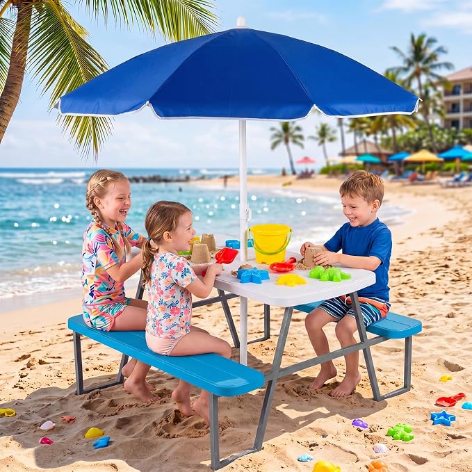 KOTEK Kids Picnic Table with Umbrella, Toddler Outdoor Table and Bench Set, Easy to Clean, HDPE Top & Metal Frame, 660LBS Capacity, Kids Patio Furniture for Backyard Park Garden (Blue)