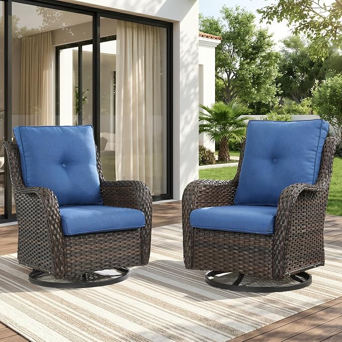 Rilyson Luxury Wicker Outdoor Conversation Set with Glider Rocker Chairs, 4 Pieces Patio Furniture Set with Rattan Swivel Rocker Chairs and Coffee Table All Weather Brown/Blue