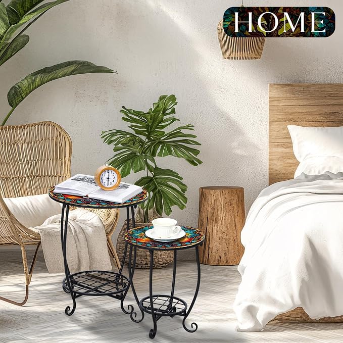 Cinnvoice 2 Pcs Outdoor Side Table Small Patio Round Mosaic Accent End Table Indoor Plant Metal Coffee Tea Tables for Patio Yard Porch Garden Living Room(12" and 16",Tree of Life)
