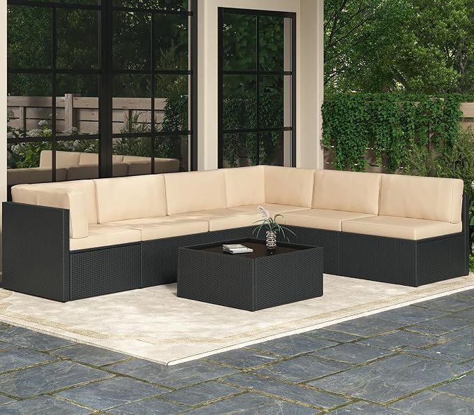 AECOJOY 7 Piece Outdoor Patio Furniture Set, Outdoor Sectional Conversation Furniture Chair with Coffee Table,Patio Sectional for Garden,Backyard(Khaki Cushions and Black PE Rattan, with Cover)