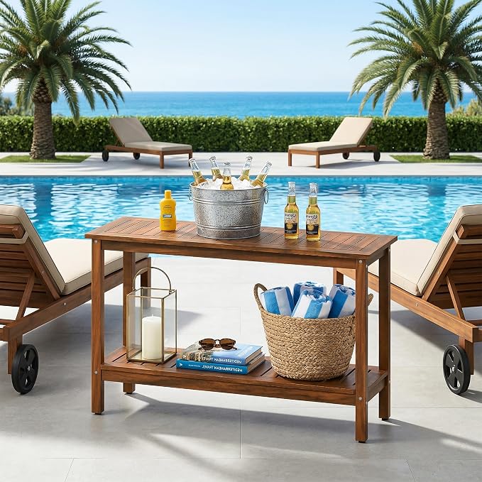 SUPER DEAL 2-Tier Solid Wood Side Table, Outdoor Console Table with Storage Shelf, Adjustable Feet Buffet Bar Organizer for Patio Porch, All-Weather Natural