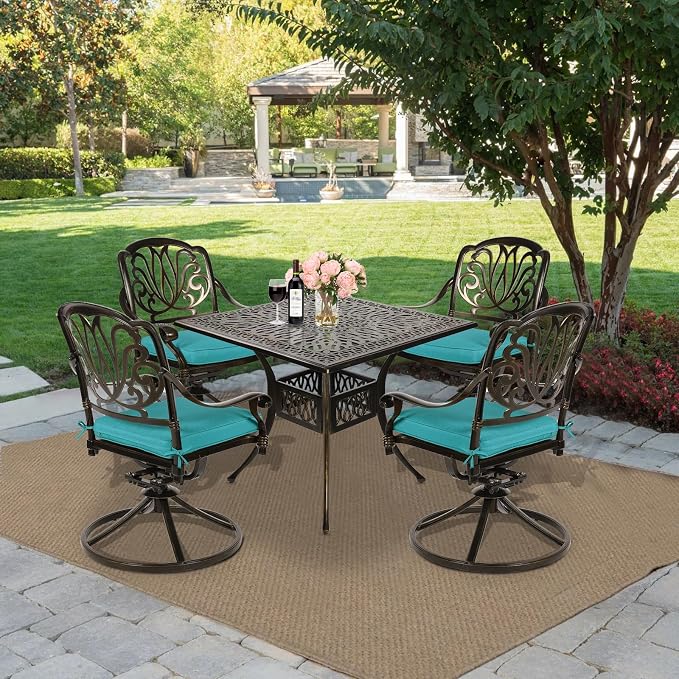 MEETWARM 5-Piece Outdoor Patio Dining Set, All-Weather Cast Aluminum Patio Conversation Set for Backyard Garden Deck with 4 Cushions Swivel Rocker Chairs and 35.4" Square Table, Ocean Blue