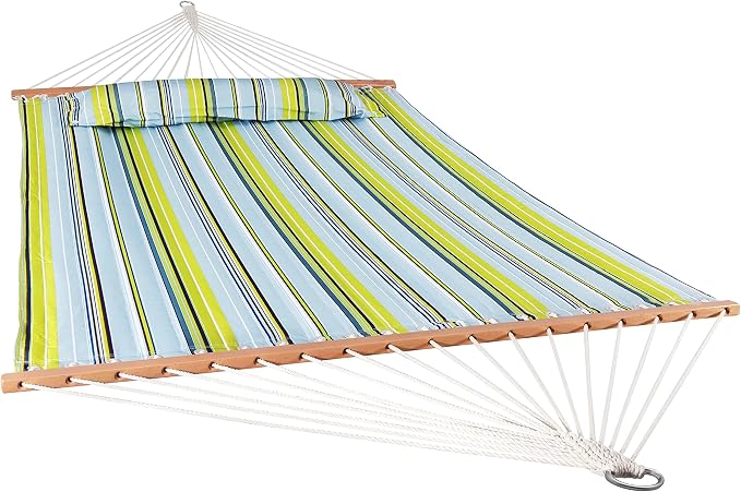 Sunnydaze Set of 2 Outdoor Quilted Fabric Hammocks - 2-Person Hammock with Spreader Bars – Red Stripe and Blue/Green Stripe