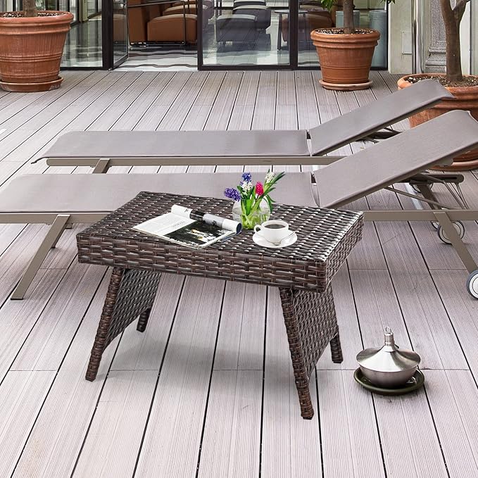 Outdoor Side Table for Patio, Folding PE Rattan End Table with Metal Frame, Portable Wicker Coffee Table for Garden Porch Balcony Deck Poolside (Brown)