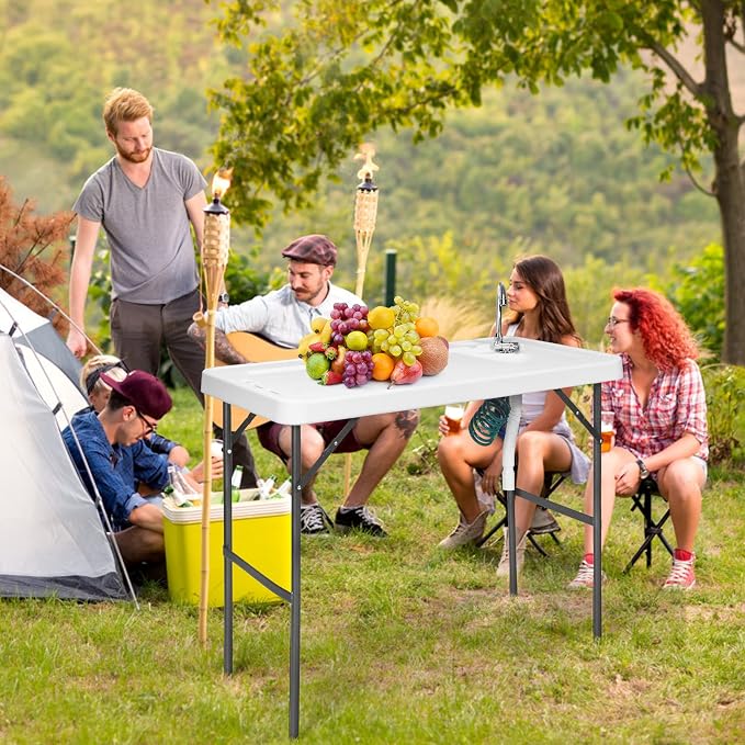 ReunionG Folding Fish Cleaning Table with Sink, Portable Camping Fillet Table with Foldable Faucet, Spray Nozzle & Drainage Hose, Heavy Duty Outdoor Fish Cleaning Station for Garden, Picnic, Patio