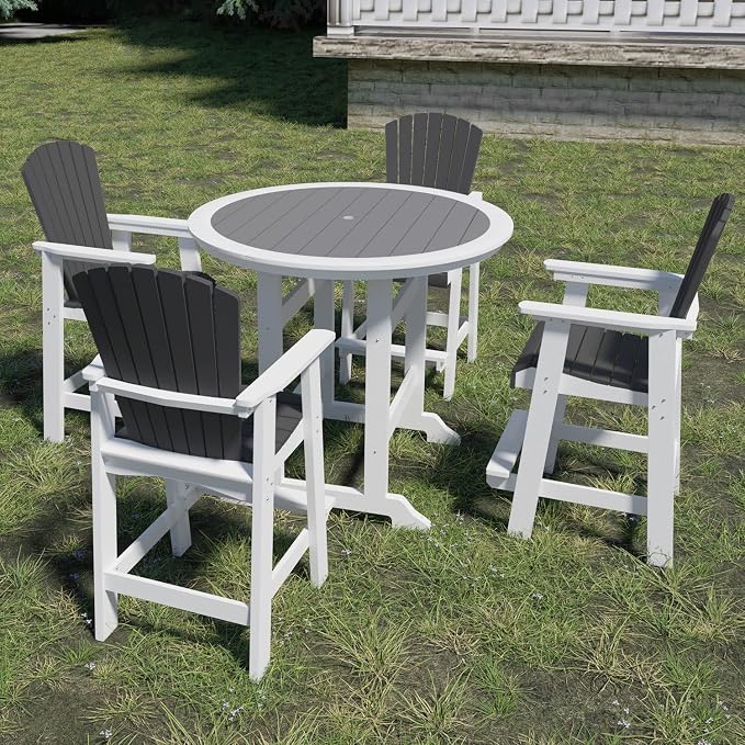 JUSTONE 47 Inch Round Outdoor Bar Table, Water-Resistant HDPE Pub Height Table for Patio, Garden, Poolside, Backyard, Balcony, Fire Pit and Lawn,Grey and White