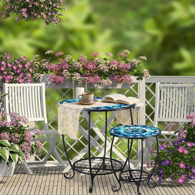 Cinnvoice 2 Pcs Outdoor Side Table Small Patio Round Mosaic Accent End Table Indoor Plant Metal Coffee Tea Tables for Patio Yard Porch Garden Living Room(12" and 16",Mandala Style)