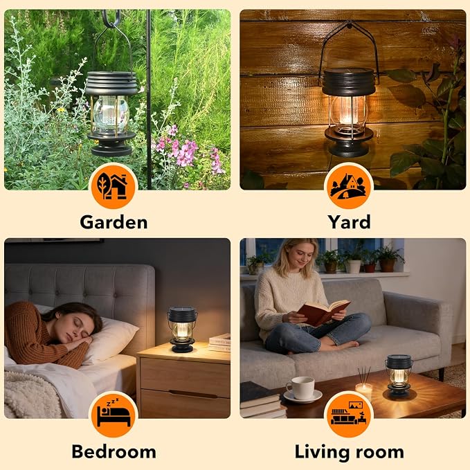 Solar Lanterns Outdoor Hanging Lights Patio Decor, Upgraded Dual Solar & USB Charging, Adjustable Light Sensor, Retro Decorative Table Lamp Waterproof, Indoor Outdoor Garden Patio Yard Decoration