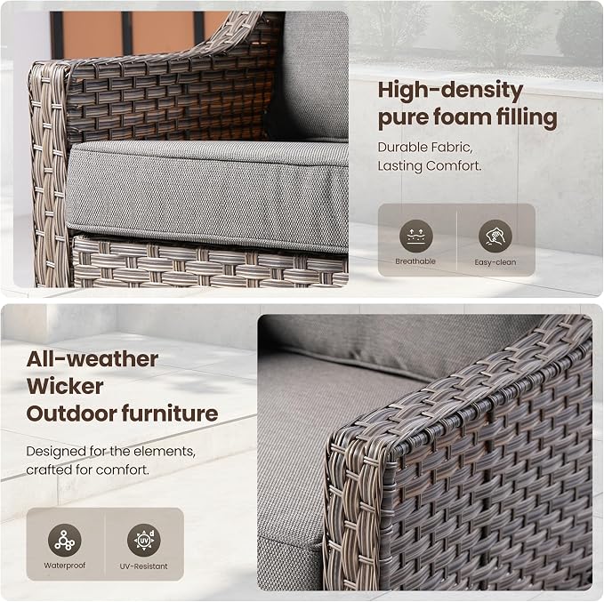5 PCS Patio Conversation Set, All-Weather Rattan Wicker Outdoor Patio Furniture Sets with High Back Swivel Rocker Chair, Solar Light Coffee Table for Porch,Backyard,Balcony,Dark Grey