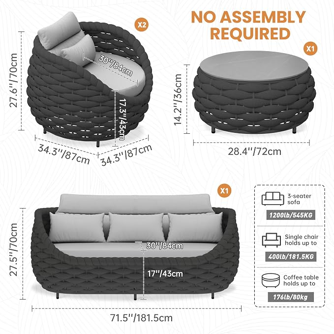 Woven Rope Patio Furniture Set: 4 Pieces Aluminum Outdoor Conversation Sofa Set Assembled - Modern Deck Couch Set Cushioned - All Weather Metal Porch Seating for 5 Person Garden Pool Yard Hotel