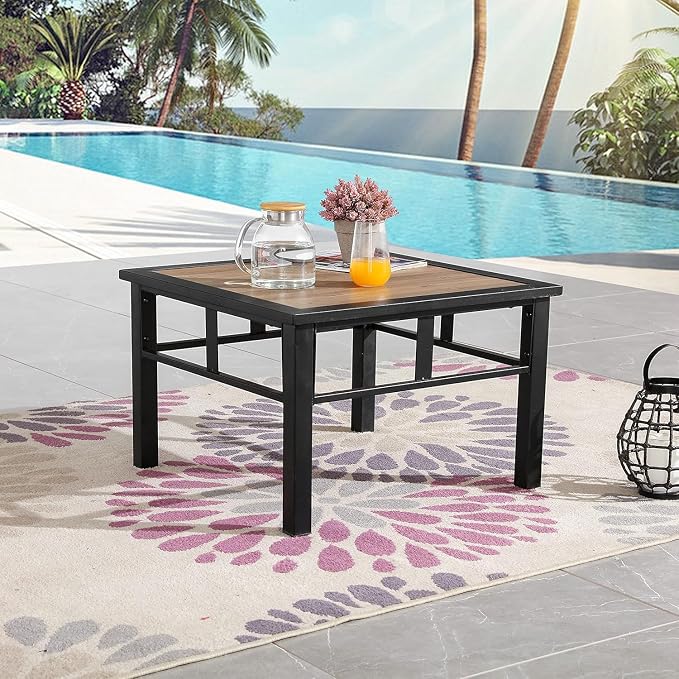 LOKATSE HOME Outdoor Metal Square Table Patio Bistro Dining Furniture with Wood-Like Table Top, Steel Frame