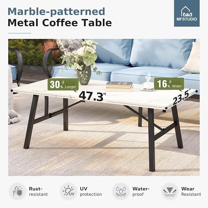 MFSTUDIO 4 Pieces Patio Conversation Sets(5 Seat),Outdoor Metal Furniture Sofas with 1 Loveseat(3 Seat), 2 Rocking Chairs,1 Coffee Table,Wrought Iron with Blue Cushion for Patio Courtyard Balcony
