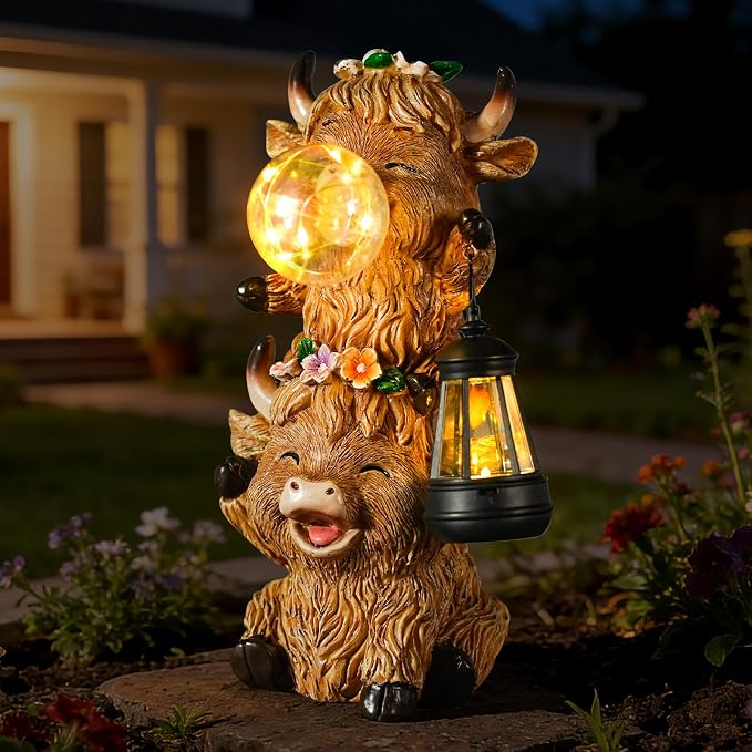 Joint Honglin Solar Highland Cow Garden Statue, Cute Resin Outdoor Decor with Glowing Lantern & Light-Up Bubble, Waterproof Solar Yard Ornament for Lawn, Patio & Garden Decorative Gift (Brown Cow)
