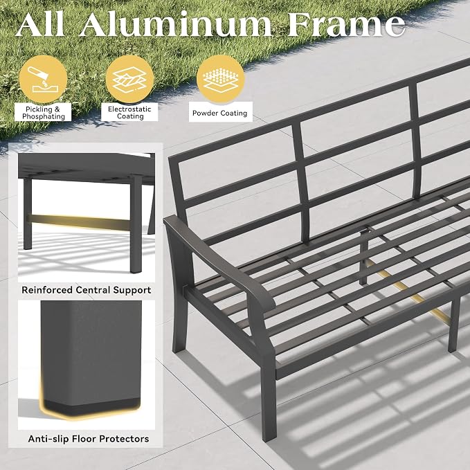 7 Piece Aluminum Patio Conversation Set, Outdoor Metal Furniture Set w/Rocking Swivel Chairs, 3-Seat Sofa, Ottomans and Coffee Side Table, 5" Thickened Cushions for Backyard, Poolside, Blue