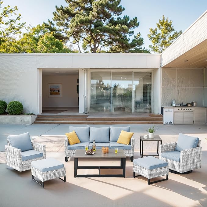 Belord 7 Piece Outdoor Furniture Patio Wicker Sofa Set, Oversize Outdoor Swivel Rocker Chairs with Rattan Ottomans, Conversation Sets Patio Furniture Come with Removable Cushion Baby Blue, Light Grey