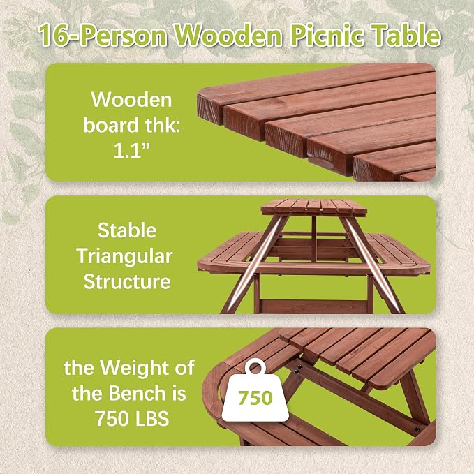 95" Picnic Table with Benches for 14-16 Persons, Outdoor Wooden Rectangle Dining Set for Patio, Garden, Backyard, Large Outside Table with Umbrella Hole, Brown