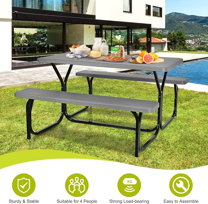 ORALNER Picnic Table, Resin Dining Table & 2 Benches Set, Weather Resistant Wood Grain Plastic Tabletop & Steel Frame, Picnic Tables for Outdoors, Porch Yard Patio Lawn Party Camping (Grey)