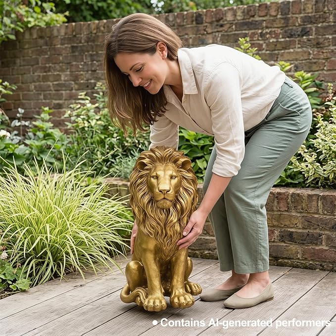 24" Majestic Lion Garden Statue, Gold | Regal Guardian Sculpture, Front Entry & Patio, Golden Resin, Weighted Base for Stability