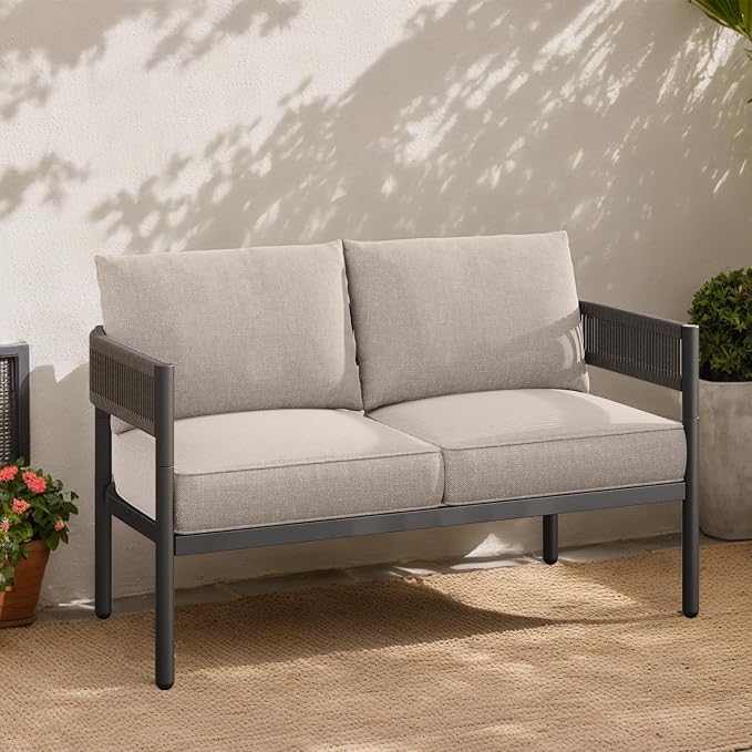 Gand Patio Outdoor Loveseat,Wicker Conversation Set with Thick Cushion for Porch, Garden, Yard