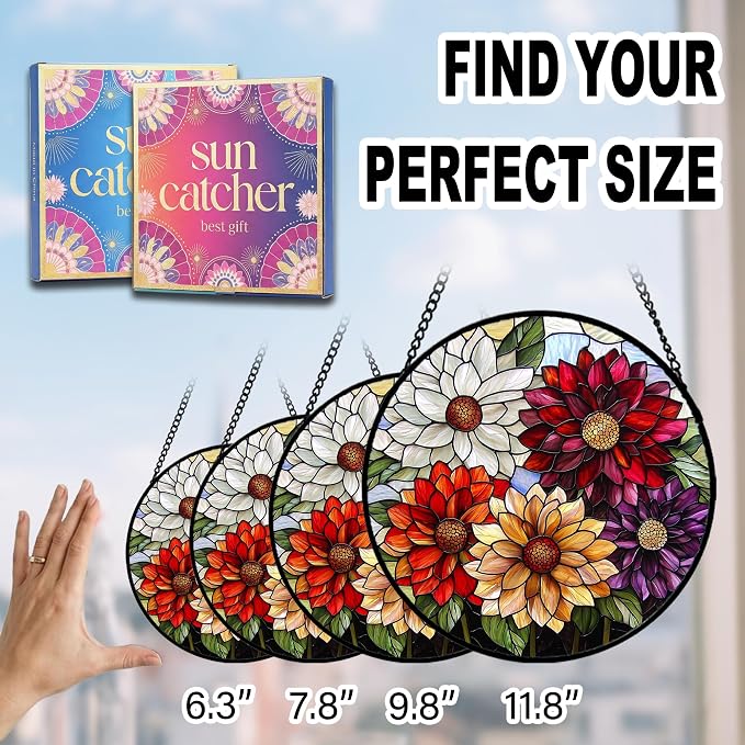 Birthday Gifts for Women - Colorful Flowers Faux Stained Glass Window Hanging Sun Catcher for Door Garden Acrylic Decor Mother's Day Christmas for Mom Nana Grandma Sisters Wife 6.3"
