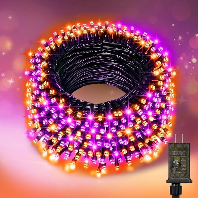 400FT Purple and Orange Halloween String Lights with Remote, Green Wire LED Mini Lights, 8 Modes, Timer, Plug-in Indoor Outdoor Lights for Large Trees, Fences, Yard, Fall and Thanksgiving Decor