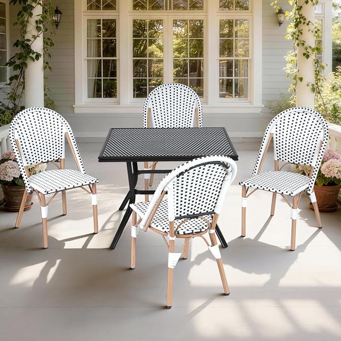 5-Piece Patio Dining Set, Outdoor French Country Bistro Table and Chairs, All-Weather Wicker Square Table & 4 Chairs w/Metal Frame, for Backyard Balcony, Black/White