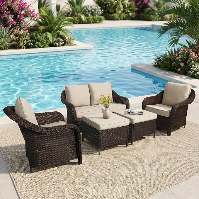 5 Piece Patio Wicker Conversation Set, All-Weather Use Outdoor Wicker Loveseat with 2 PE Rattan Ottomans,2 Chair, Ideal for Porch, Backyard, Balcony, Poolside, Beige